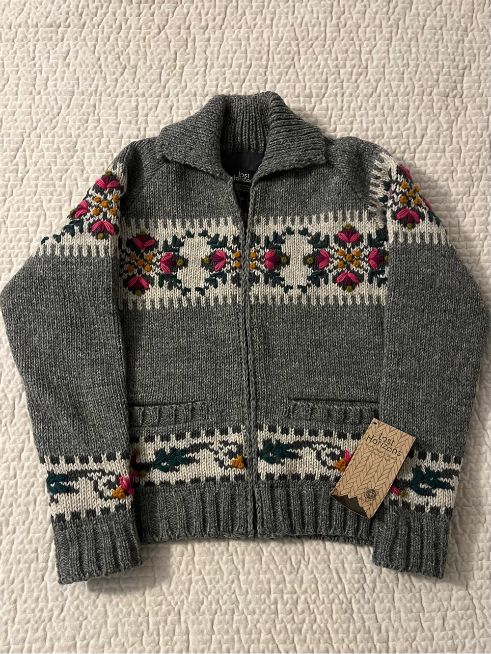 Lost Horizons “Flowering Vines” Full-Zip Wool Sweater